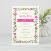 Hot roze & aqua bloemenborder vrouwen verjaardagsf kaart (Staand voorkant)