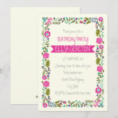 Hot roze & aqua bloemenborder vrouwen verjaardagsf kaart (Voorkant / Achterkant)
