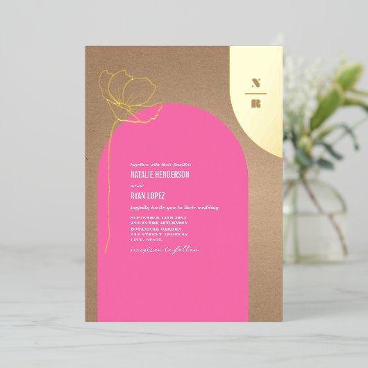 Hot-roze Arch Floral Monogram Folie Folie Uitnodiging (Staand Voorkant)