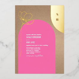 Hot-roze Arch Floral Monogram Folie Uitnodiging