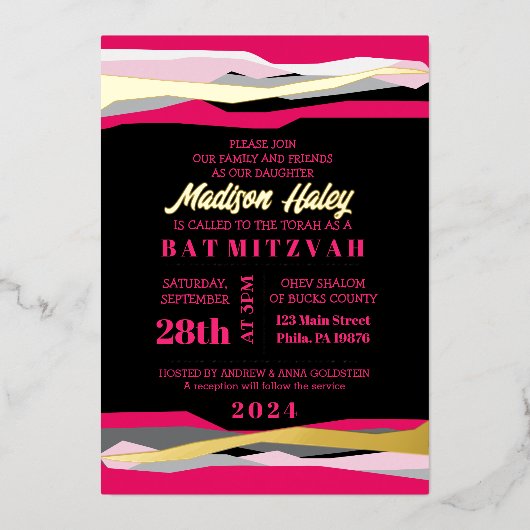 Hot-roze bat Mitzvah Uitnodiging met goudfolie (Voorkant)
