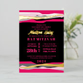 Hot-roze bat Mitzvah Uitnodiging met goudfolie (Staand Voorkant)