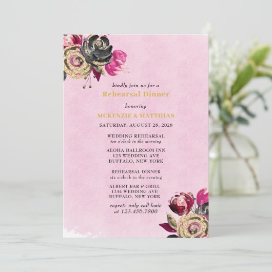 Hot-roze Black Gold Peony Rehearsal Dinner Kaart (Staand voorkant)