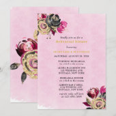 Hot-roze Black Gold Peony Rehearsal Dinner Kaart (Voorkant / Achterkant)