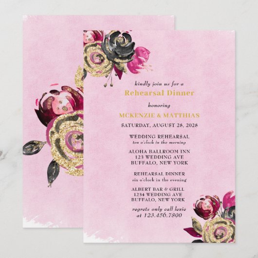 Hot-roze Black Gold Peony Rehearsal Dinner Kaart (Voorkant / Achterkant)