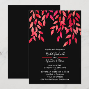 Hot-roze bladeren op Black Wedding-uitnodigingen