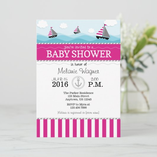Hot-roze Blauw Nautisch Baby shower Uitnodiging (Staand voorkant)