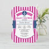 Hot-roze Blauw Nautisch Baby shower Uitnodiging (Staand voorkant)