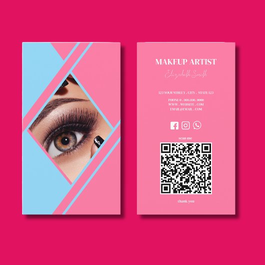 Hot Roze & Blauw QR Code foto Make-up Artiest Visitekaartje