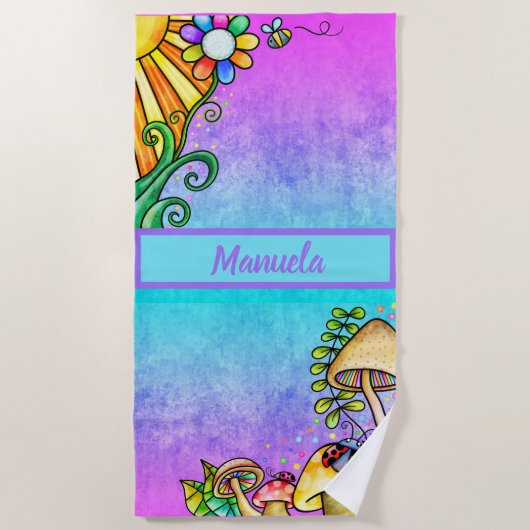 Hot-roze blauwe Waterverf met zonnige dagbladen Strandlaken (Voorkant)