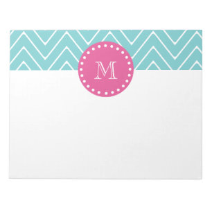 Hot-roze, Blauwgroen blauw Chevron   Uw monogram Notitieblok