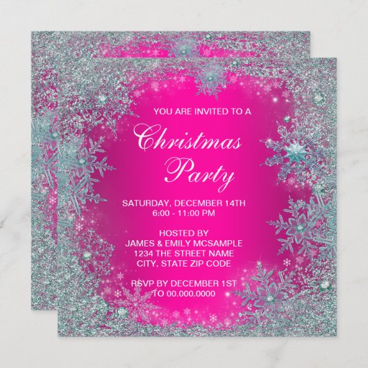 Hot-roze Blauwgroen blauw Snowflake kerstfeest Kaart (Voorkant / Achterkant)