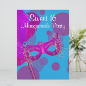 Hot Roze Blauwgroen Blauw Sweet 16 Masquerade Part Kaart (Staand voorkant)