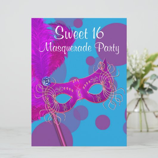 Hot Roze Blauwgroen Blauw Sweet 16 Masquerade Part Kaart (Staand voorkant)