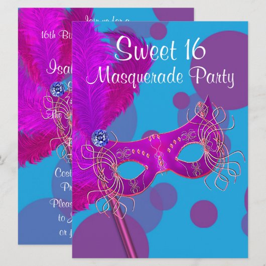 Hot Roze Blauwgroen Blauw Sweet 16 Masquerade Part Kaart (Voorkant / Achterkant)