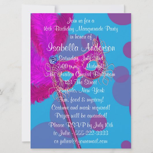 Hot Roze Blauwgroen Blauw Sweet 16 Masquerade Part Kaart (Achterkant)