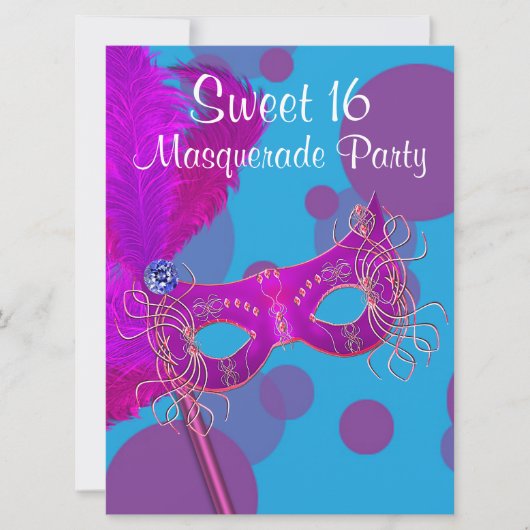 Hot Roze Blauwgroen Blauw Sweet 16 Masquerade Part Kaart (Voorkant)