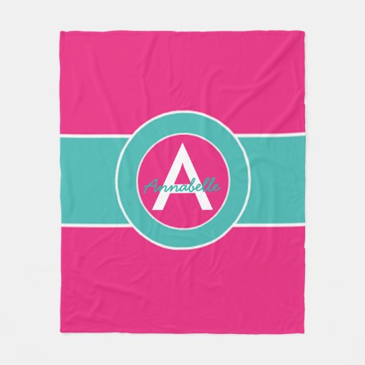 Hot-roze Blauwgroen monogram op maat Fleece Deken (Voorkant)