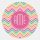 Hot-Roze Blauwgroen Oranje Chevrons Aangepast mono Ronde Sticker (Voorkant)