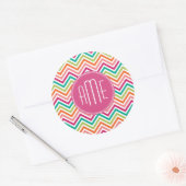 Hot-Roze Blauwgroen Oranje Chevrons Aangepast mono Ronde Sticker (Envelop)