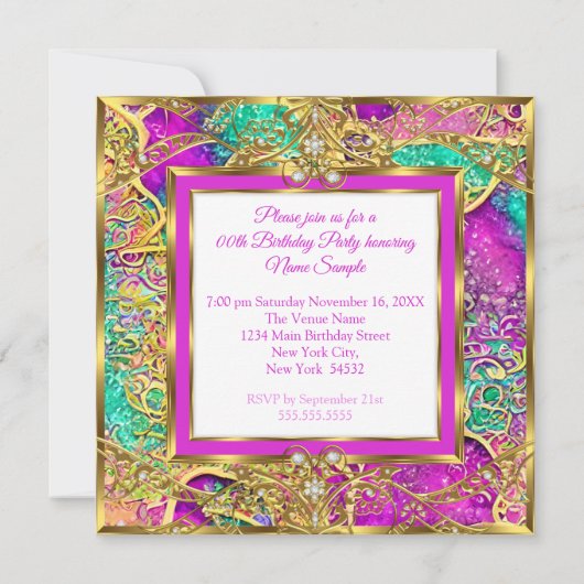 Hot-roze blauwgroen paarse Elite Gold Birthday Par Kaart (Achterkant)