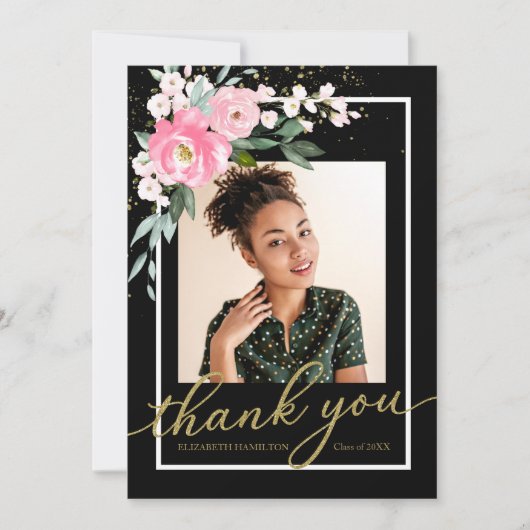 Hot Roze Bloemen Afstuderen Foto Dank u Bedankkaart (Voorkant)