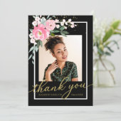Hot Roze Bloemen Afstuderen Foto Dank u Bedankkaart (Staand voorkant)