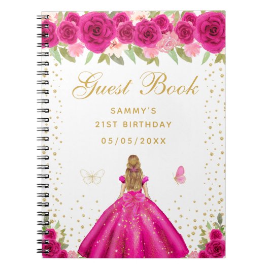 Hot Roze Bloemen Blond Haar Prinses Gastboek Notitieboek (Voorkant)