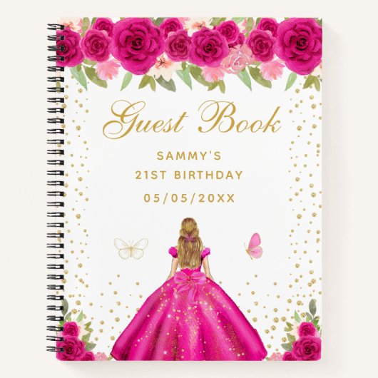 Hot Roze Bloemen Blond Haar Prinses Gastboek Notitieboek (Voorkant)