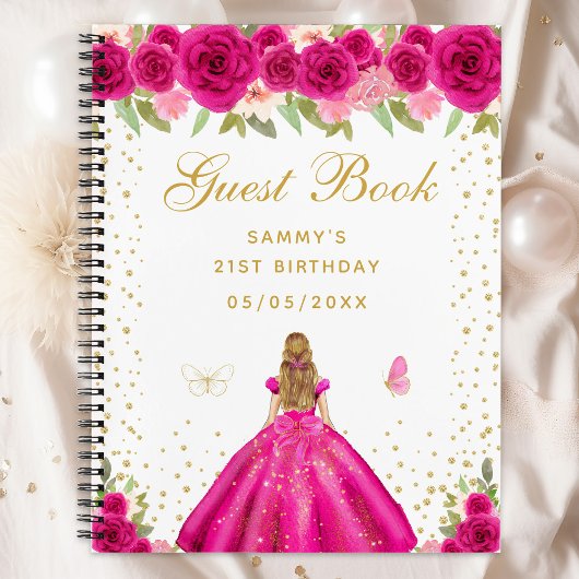 Hot Roze Bloemen Blond Haar Prinses Gastboek Notitieboek