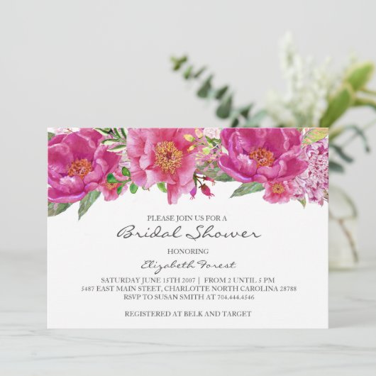 Hot roze bloemen bruids douche uitnodiging (Staand voorkant)