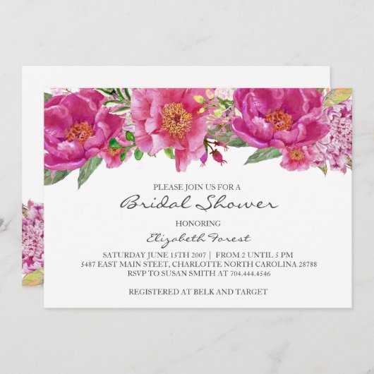 Hot roze bloemen bruids douche uitnodiging (Voorkant / Achterkant)