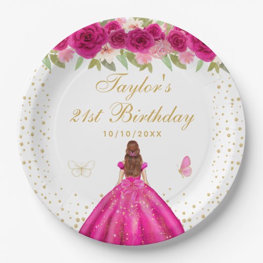 Hot Roze Bloemen Bruin Haar Meisje Verjaardagsfees Papieren Bordje (Voorkant)