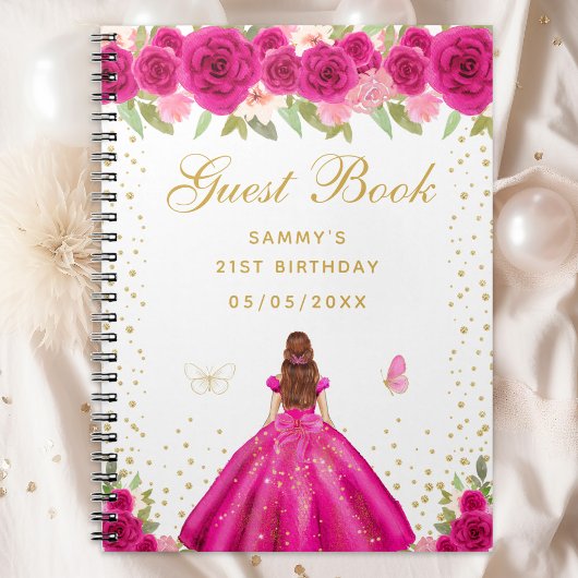 Hot Roze Bloemen Bruin Haar Prinses Gastboek Notitieboek