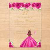 Hot Roze Bloemen Bruin Haar Prinses Verjaardagsfee Acryl Uitnodigingen (Voorkant)