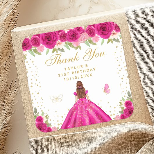 Hot Roze Bloemen Bruin Haar Prinses Verjaardagsfee Vierkante Sticker