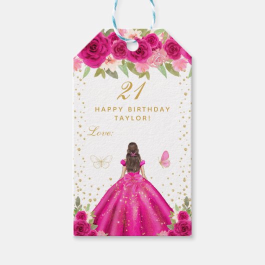 Hot Roze Bloemen Brunette Haar Meisje Gelukkige Ve Cadeaulabel (Voorkant)