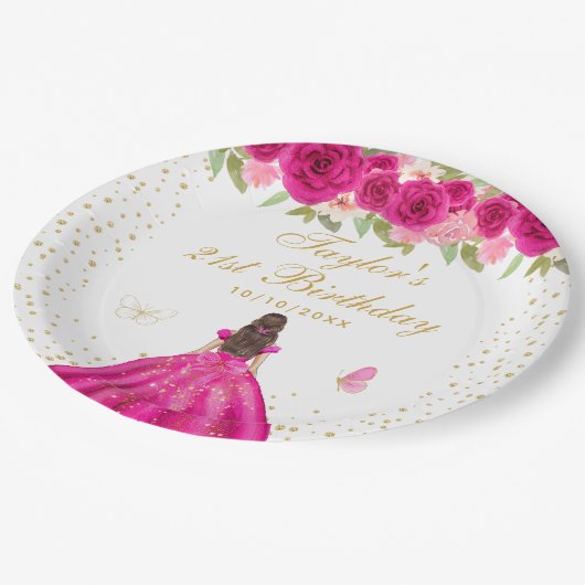 Hot Roze Bloemen Brunette Haar Meisje Verjaardagsf Papieren Bordje (Gekanteld)