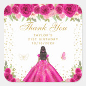 Hot Roze Bloemen Donkere Huid Prinses Verjaardagsf Vierkante Sticker (Voorkant)
