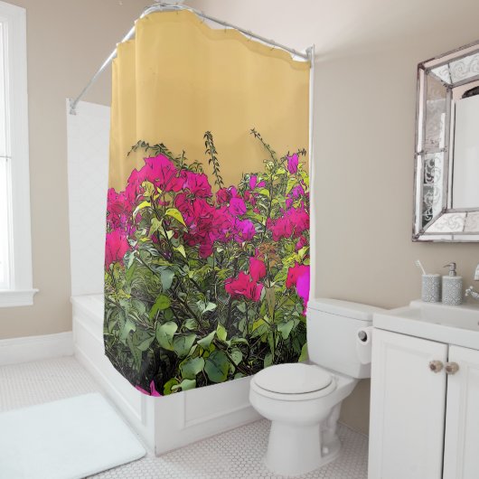 Hot-roze bloemen douchegordijn (In situ)