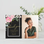 Hot Roze Bloemen Foto Afstuderen Dank u kaart (Staand voorkant)