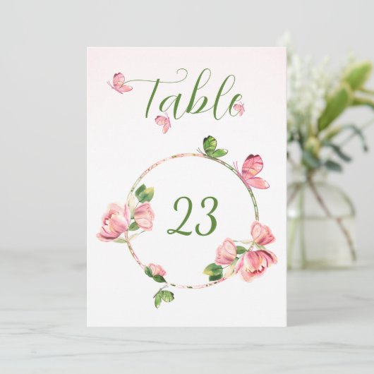Hot roze bloemen groen vlinders tafel nummer kaart (Staand voorkant)