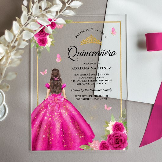 Hot Roze Bloemen Jurk Butterfly Goud Quinceanera Acryl Uitnodigingen