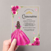 Hot Roze Bloemen Jurk Butterfly Goud Quinceanera Acryl Uitnodigingen (Insitu (Draagbaar))