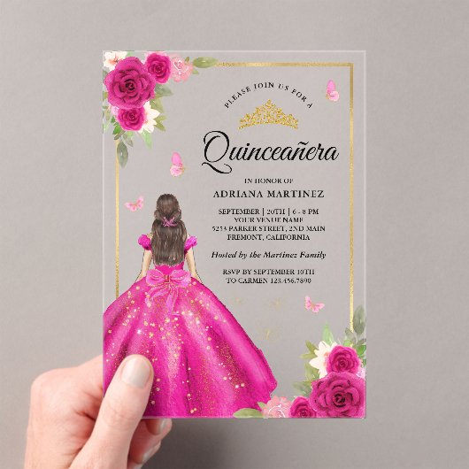 Hot Roze Bloemen Jurk Butterfly Goud Quinceanera Acryl Uitnodigingen (Insitu (Draagbaar))