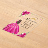 Hot Roze Bloemen Jurk Butterfly Goud Quinceanera Acryl Uitnodigingen (Laagn)