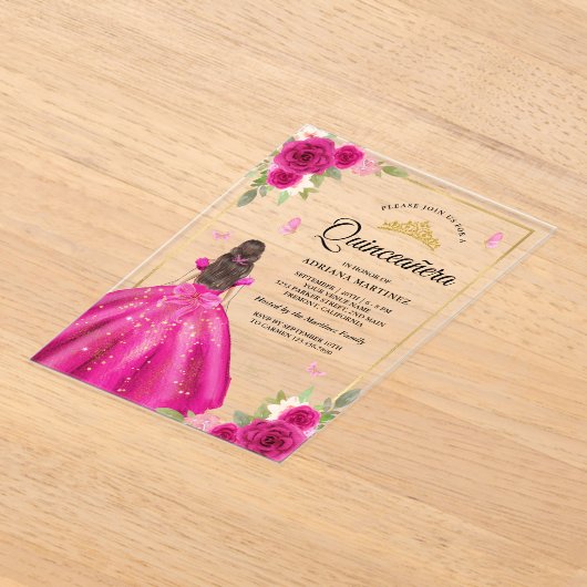 Hot Roze Bloemen Jurk Butterfly Goud Quinceanera Acryl Uitnodigingen (Laagn)