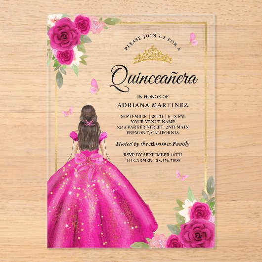 Hot Roze Bloemen Jurk Butterfly Goud Quinceanera Acryl Uitnodigingen (Voorkant)