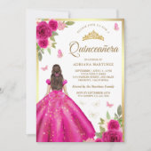 Hot Roze Bloemen Jurk Butterfly Goud Quinceanera Kaart (Voorkant)