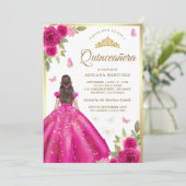 Hot Roze Bloemen Jurk Butterfly Goud Quinceanera Kaart (Staand voorkant)